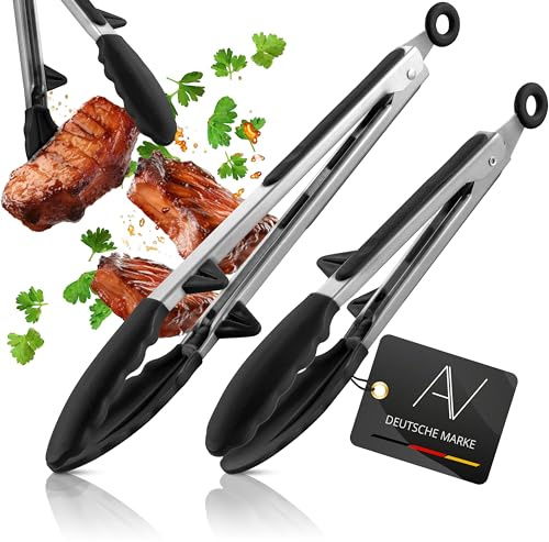 AVANA Küchenzange Edelstahl Kochzange Silikon mit Standfuß 2er Set Schwarz | Hitzebeständige Grillzange, Zange mit Verriegelung, Mehrzweckzange