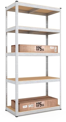 baudim - 180x60x40 cm Schwerlastregal, Steckregal verzinkt mit 5 MDF-Böden und 175 kg Tragkraft, Metallregal, Garagenregal oder Lagerregal, Kellerregal, Abstelraum, Werkstattregal Metall
