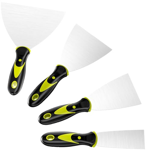 Mesybveo 4 Stücke Putty Messer Spachtel Set, Malerspachtel aus Rostfreiem Edelstahl, Gipser Spachtel mit Kunststoffgriff mit Aufhängeloch zum Wände Abkratzen und Entfernen Tapeten