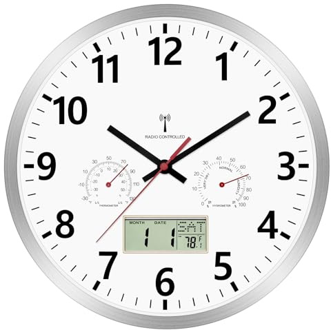 Foxtop Wanduhr Funk Digital Analog 30cm mit LCD-Display – Digitale Funkuhr mit Automatischer Zeitanpassung, Temperatur, Datum & Wochentag, Geräuschlos – Küchenuhr für Wohnzimmer, Badezimmer, Büro
