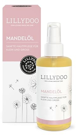 LILLYDOO parfürmfreies Babyöl Mandel, 99% reines Mandelöl kaltgepresst mit Vitamin E zur Babypflege, vegane Naturkostmetik, Dermatest sehr gut in hochwertiger Glasflasche (100ml)