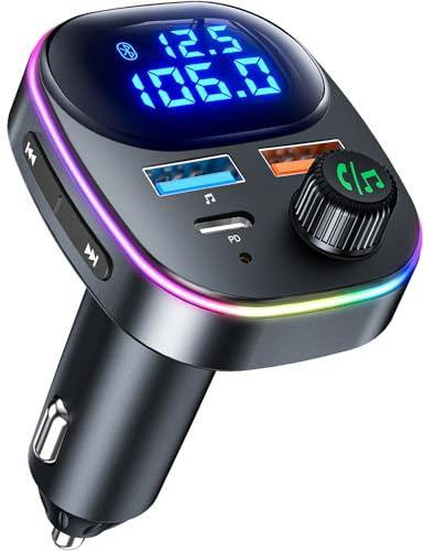SOARUN Bluetooth 5.3 FM Transmitter,38W KFZ Musik Adapter für Auto Radio,PD&QC3.0 Schnellladung mit Spannung Anzeige Freisprecheinrichtung,7-farbige LED-Hintergrundbeleuchtung USB-Stick
