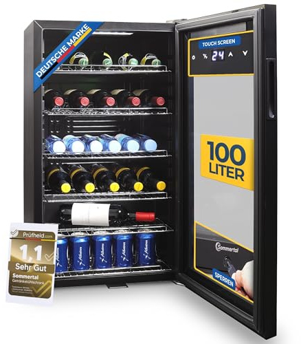 Sommertal Kühlschrank GK100– Leiser Getränkekühlschrank mit LED, Touchscreen & Schloss kleiner Flaschenkühlschrank schwarz 100L