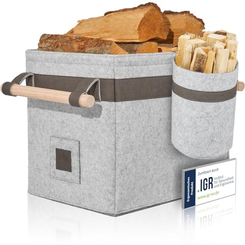 OAKAGE® Holzkorb für Kaminholz Groß mit Zündholzkorb [Integrierter Metallrahmen für Zusatzstabilität] Kaminholzkorb Feuerholzkorb Brennholzkorb Kaminkorb Filzkorb | Korb Hellgrau