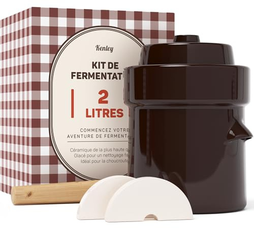 Gärtopf 2 Liter zum Einlegen & Fermentieren – Sauerkrauttopf mit Deckel, Krautstampfer & Fermentiergewichte – Gurkentopf Steintopf für Sauerkraut, Kimchi, Gurken & Essiggurken - Hochwertiges Steingut