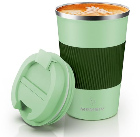 Thermobecher Isolierbecher, MOMSIV 13oz/380ml Rutschfest Edelstahl Travel Mug, Kaffeebecher aus Doppelwandig isoliert Vakuum auslaufsicher Reisebecher mit Deckel Kaffee-to-go Becher, Grün