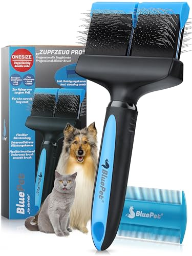 BluePet Profi Hundebürste Langhaar, Flexible Zupfbürste für Hunde & Katzen | Professionelle Bürste für langes Fell. Entfernt sanft Unterwolle, Verfilzungen & Knoten. Fellpflege wie im Hundesalon.