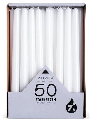 pajoma Stabkerzen Weiß 25 cm Höhe - 50 Stück - Weiße Kerzen Lang Brenndauer ca. 7 Stunden - Duftfreie und Gleichmäßig Brennende Kerzen - Vielseitig Einsetzbar für Deko & Feste - Dinner Candles