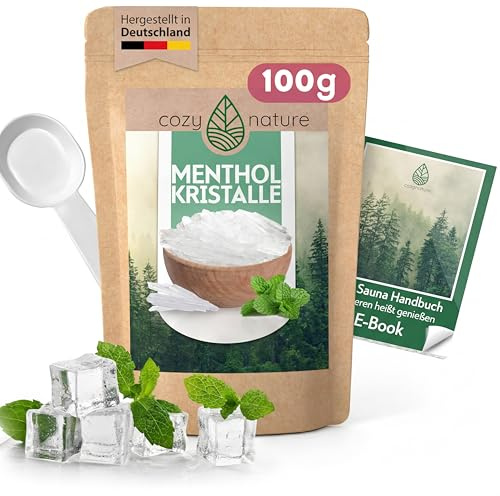 CozyNature® Mentholkristalle | 100g | Premium Qualität Made in Germany | Sauna Zubehör & natürliche Ameisenabwehr | Saunaaufguss | naturreines Menthol | Minzöl Kristalle | inkl. Gratis Sauna E-Book