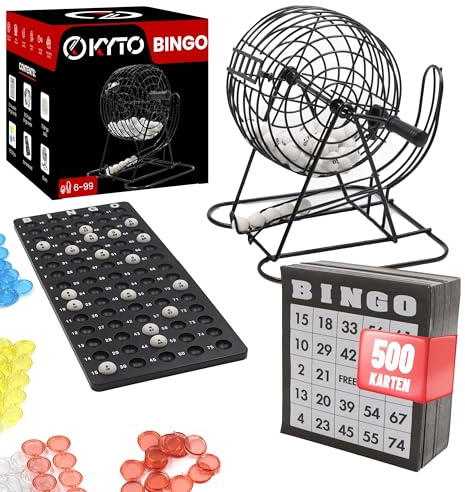 Kyto Bingo Spiel Metalltrommel 18 Bingotickets, 75 Bingo Kugeln, 150 Chips Spielbrett + 500 Bingokarten schwarz Erwachsene Kinder