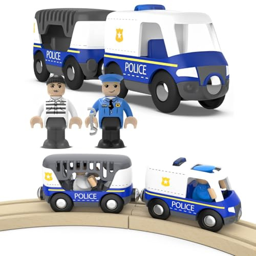 LiRiQi Holzeisenbahn Zug Polizeiauto Eisenbahn Lok Kinder, Polizei Spielzeugauto mit Sound und Licht, Zugset Kompatibel mit Thomas Brio, Spielzeugauto für Kleinkinder Junge und Mädchen