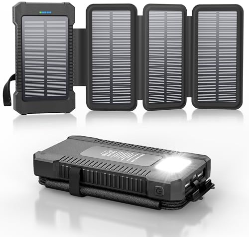 Solar Powerbank 26800 mAh mit 4 Solarpanel, Powerbank USB-C 18W Schnellladung für iPhone Samsung und mehr, IPX7 wasserdichte Outdoor Externe Akkus mit Taschenlampen-Dauerlicht/SOS/Stroboskop