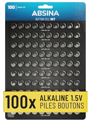 ABSINA 100er Pack Alkaline Knopfzellen Sortiment - je 20x AG1 LR621, AG4 LR66, AG10 LR1130 / 30x AG3 LR41 / 10x AG13 LR44-1,5V Batterie Sortiment auslaufsicher - Knopfzellen Set gemischt