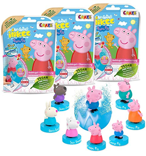 INKEE SURPRISE - 3er Set Peppa Pig Badekugeln Kinder mit Überraschung, Peppa Wutz Spielzeug für die Badewanne, mit Erdbeer-Duft