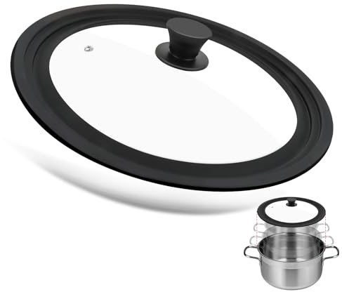 Universaldeckel Schwarz, Universal Glasdeckel für Ø 28/30/32 cm Töpfe und Pfannen, Glasdeckel Hitzebeständig mit Silikonrandmit und Dampfloch, Topfdeckel Universal für vielseitiges Kochen