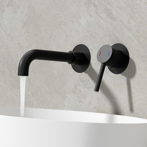 ROVOGO Waschtischarmatur Unterputz Schwarz für Wandmontage, 2-Loch Wasserhahn Bad mit 360° Drehbarem Auslauf, Mischbatterie Waschbecken aus Edelstahl 304, Einhebelmischer für Badezimmer Waschtisch