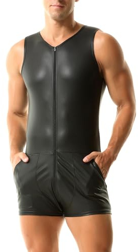 QiaTi Herren ärmellose kurze Hose Leotard Zip Strumpfhose Kunstleder Bodysuit mit 2 Taschen für Casual Club