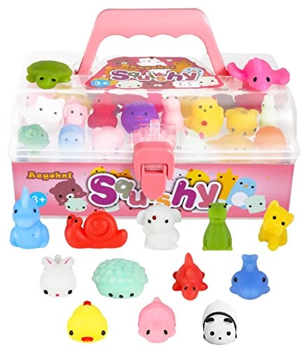 Aeyohni Squishy Toys 50 STK. Squishies Spielzeug Mochi Squishy als Mitgebsel für Kindergeburtstag Stress Abbauen Adventskalender Gummitiere Ostereier Füller Weihnachten mit Box (Keine Duplizierung)