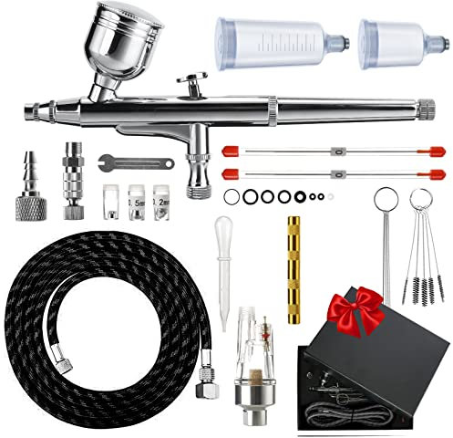 Airbrush Set Doppelaktion Airbrushpistole Kit, Mehrzweck Tragba Air Brush Kit, mit 0,2mm 0,3mm 0,5mm Düsen, 9cc 20cc 40cc Becher, Schlauch und Reinigungsset, Airbrush Zubehör für Malen Tattoo Nail Art