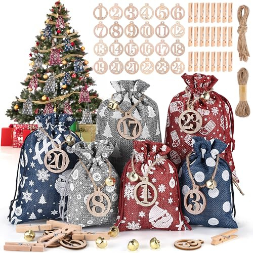DazSpirit 24 Adventskalender Befüllen 2026, DIY Adventskalender Säckchen | Stoffbeutel mit Holzklammern, Hanfseil, Glocken und Holzzahlen, Weihnachtskalender Selberfüllen für Zuhause & Wohnraum