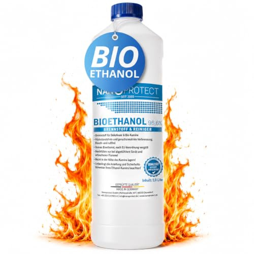 Nanoprotect Bioethanol 96,6% | 1 Liter | Flüssiger Ethanol Brennstoff für Indoor Kamin und Tischfeuer | Reiner Ethylalkohol als Lösungsmittel | Geprüfte Premium Qualität