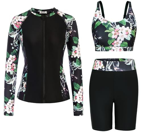 Ladies Langarm Sport Surfanzug mit Reißverschluss 3 Piece Schwimmanzug mit Badehose und Badeanzug Shirt Blumen auf Schwarz M