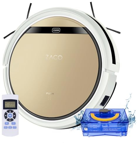 ZACO V5sPro Saugroboter mit Wischfunktion, automatischer Staubsauger Roboter, 2in1 nass Wischen bis zu 180qm oder Staubsaugen, für Hartböden, Fallschutz, beutellos, mit Ladestation, 22W, 300ml, Gold