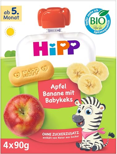 HiPP Bio Quetschie Apfel-Banane mit Babykeks,16 Stück (4er Pack mit je 4 x 90g), für Babys ab 5. Monat, ohne Zuckerzusatz