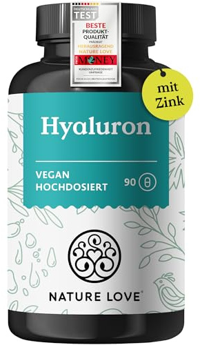 NATURE LOVE® Hyaluron Kapseln mit Zink - Hochdosiert mit 500mg - für Haut, Haare & Nägel - 90 Hyaluronsäure Kapseln - Vegan, Laborgeprüft, ohne unerwünschte Zusätze & in Deutschland produziert