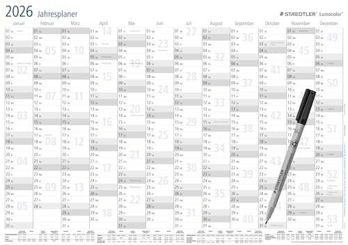 STAEDTLER Jahresplaner Set 2026 Lumocolor, Wandkalender trocken abwischbar, Größe DIN A3, incl. Stift und selbstklebender Stift-Klemme, Sonderedition, 641 YPA3X