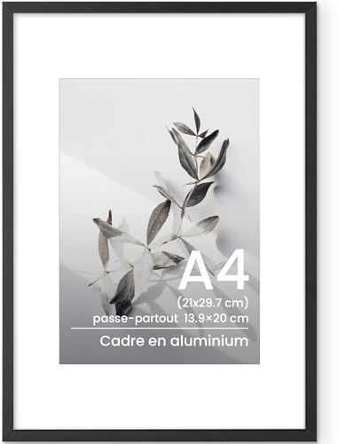 Bilderrahmen A4 Schwarz, Aluminium Metall Bilderrahmen din A4 Fotorahmen Mit gehärtetem Glas, Kinderzeichnungen A4 Rahmen Für 21x29,7 cm-Fotos ohne Passepartout oder 13,9x20 cm-Fotos mit Passepartout
