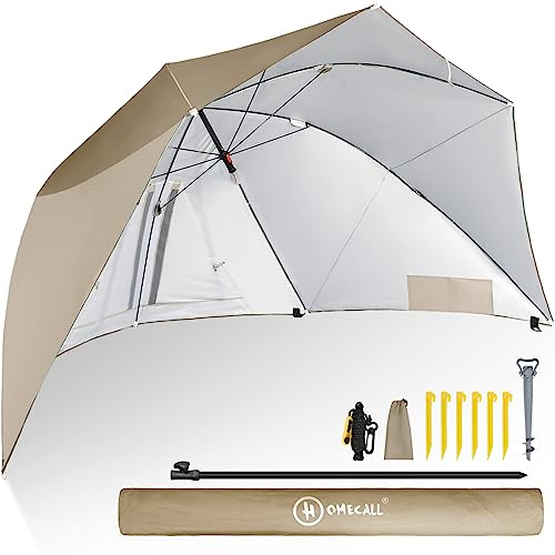 HOMECALL Strandschirm mit Fenster und Windschutz - UV-beständiges Polyester - Khaki