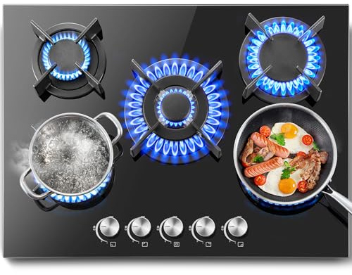SNDOAS Gaskochfeld 5 Flammig, 70cm Glas Gasherd mit Automatischer Flammenschutz, Erdgas und Propangas, Einbau oder freistehend, 10400W, 220-240V