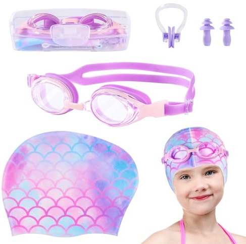 Badekappe Kinder 2 Stück Einhorn Schwimmkappe aus Silikon für Mädchen Elastische Badehaube Kinder für Lange Haare wasserdichte Schwimmkappe mit Schwimmbrille Ohrstöpseln Nasenklammer