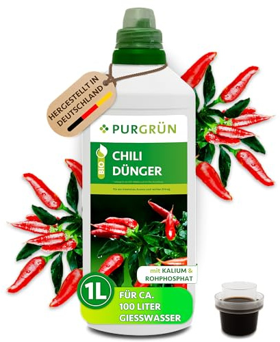 Purgrün® Bio-Chilidünger 1 Liter – Erhöht den Ernteertrag – Extra Kalium für knackige Chilis – Schnelles, gesundes Wachstum – Ohne tierische Inhaltsstoffe – Konzentrat für 100 Liter Gießwasser