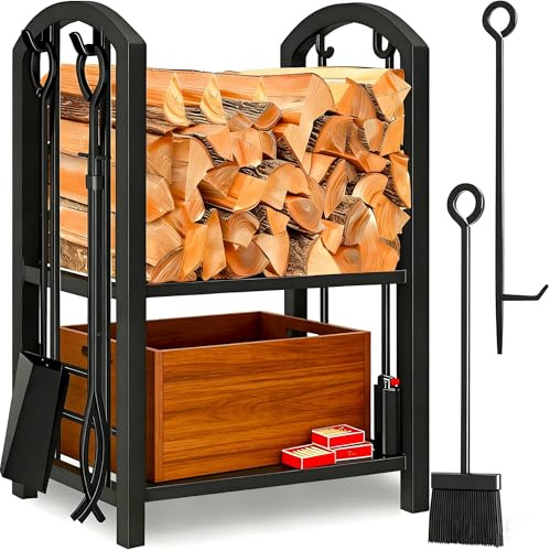 Amagabeli Kaminholzregal Innen Brennholzregal mit 4 Kaminwerkzeug 74x40x30cm Kaminholzständer Kaminbesteck für Außen Kaminholzhalter Holzregal für Kamin Kaminofen Besteck Schmiedeeisen Schwarz