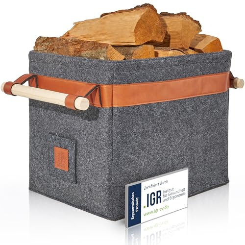 OAKAGE® Holzkorb für Kaminholz Groß [Integrierter Metallrahmen für Zusatzstabilität] Kaminholzkorb Filz Feuerholzkorb Brennholzkorb Kaminkorb Filzkorb | Korb Dunkelgrau