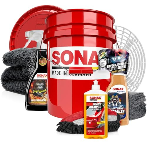 Autowäsche Set | SONAX Autoshampoo + Wascheimer + Zubehör | Reinigungsset | Wascheimer + Felgenbeast + Shampoo + Deckel + Schmutzsieb + Trockentuch + Detailer