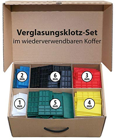 FUX Abstandshalter Kunststoff Set 100x24x1-6mm im Koffer Verglasungsklötze | 600 Stück Abstandhalter Set / Unterlegplatten Kunststoff, Kofferset aus wasserabweisender Kraft-Liner-Wellpappe