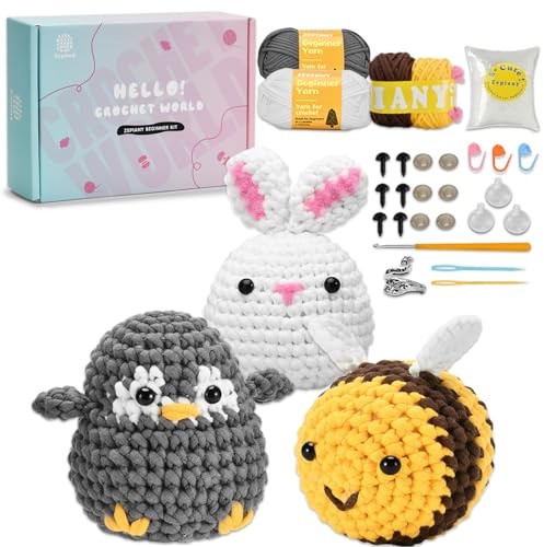 Häkelnadel-Set für Anfänger, Starter-Set mit Videokurs in deutscher Sprache, Schritt für Schritt, häkelset tiere,crochet set,Anfänger für Erwachsen,häkelset kinder-Kaninchen-Pinguin-Biene