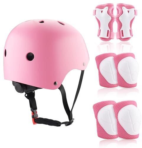 ZWOOS Kinder Knieschoner Set mit Helm, Inliner Schutzausrüstung Kinder 3-10 Jahre, Knieschützer Kinder, Knie Und Ellenbogenschützer Kinder für Inliner Skateboard Fahrrad Rollschuh (Rosa)