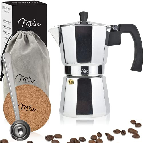 Milu Espressokocher (No Induktion) | 2, 3, 6, 9 Tassen | Aluminium Mokkakanne, Espressokanne, Espresso Maker Set inkl. Untersetzer, Löffel, Bürste (Aluminium, 6 Tassen (300ml)