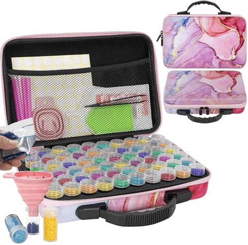 TORIBIO 60 Stück 5D Diamond Painting Zubehör Boxen, Diamant Painting Aufbewahrungsbox mit Koffer Stiften Trichter Stickers, Diamant Painting Zubehör Organizer für DIY Kunsthandwerk Schmuck (Rosa)