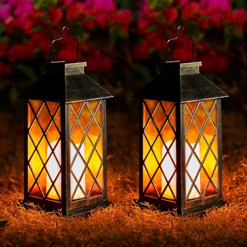 Laternen für Draußen, OxyLED Solarlampen für Außen 2 Stück IP44 Wasserdicht Solarlaterne für Außen mit Flacker Effekt Kerzen Balkon Deko Vintage Hängend für Patio Terrasse Wand Tisch
