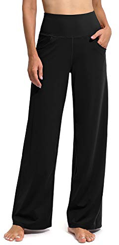 Promover Activewear-Hosen für Damen mit Taschen Jogginghose Hohe Taille Yogahose Weites Bein Straighthose Bauchkontrolle Schlaghose Arbeit Sporthose(Schwarz,L,Regular)