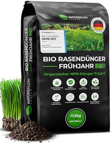 Bio Rasendünger Frühjahr & Sommer TESTSIEGER Made in Germany – 17,5kg für 700qm - Organischer Rasendünger Bio für gesunden Boden & sattgrünen Rasen - Dünger, Frühjahrsdünger Rasen