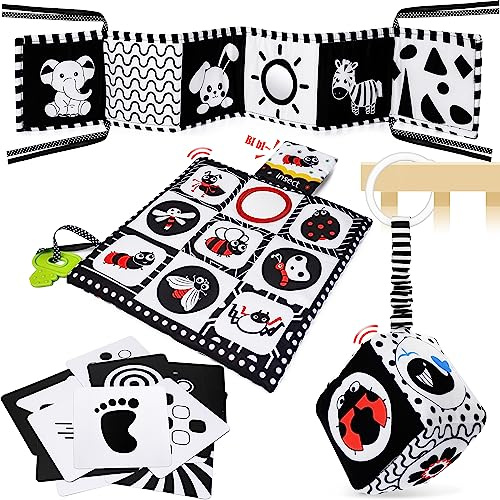 HappyKidsClub Schwarz Weiß Kontrastbuch mit Kontrastkarten, Baby Sensorik Kontrast Spielzeug 0-12 Monate Baby Geschenk Junge Mädchen Kinderwagenkette Montessori Spielzeug