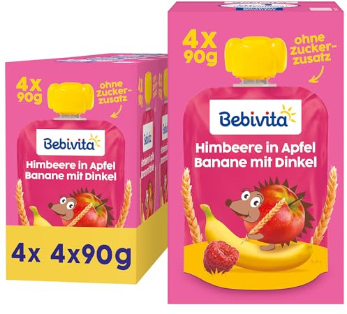 Bebivita Himbeere in Apfel Banane mit Dinkel Quetschie – 16 Stück (4er Pack, je 4 x 90g), ohne Zuckerzusatz, aus milden Früchten und wertvollem Getreide, ideal für unterwegs und selbständiges Snacken