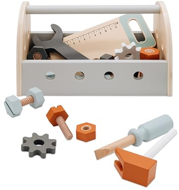 wunderwunsch Tryco Kinder Werkzeugkasten Holz, Werkzeugkoffer | Pädagogisches Montessori Werkzeug für Kleinkinder ab 1 oder 2 Jahre, tolle Kiste und Werkbank als Geschenk für Jungen
