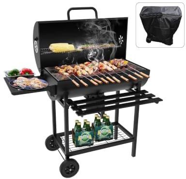 TEENO Grill Grillwagen BBQ Smoker Holzkohlegrill mit Deckel,Brathähnchen-Gestell,Rädern,Edelstahl-Griff,Grillrost und Thermometer,Inklusive wasser-und staubdichter Stoffabdeckung,Kohlegrillwagen
